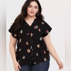 Torrid Black Sacred Hearts Short Sleeve Challis Dolman Blouse Shirt Sz 0 L/12
